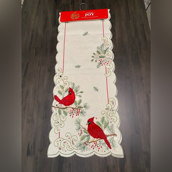 Christmas Red Cardinal Embroidered  Table Runner 14”X 72” TIDINGS & JOY New - Picture 2 of 5